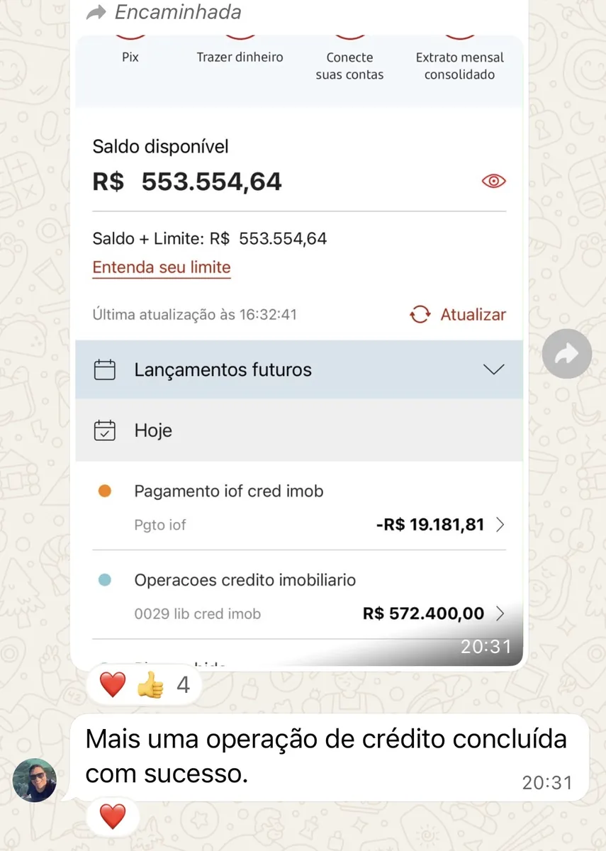 Print de conversa: crédito imobiliário de R$ 572.400,00 liberado e operação concluída.