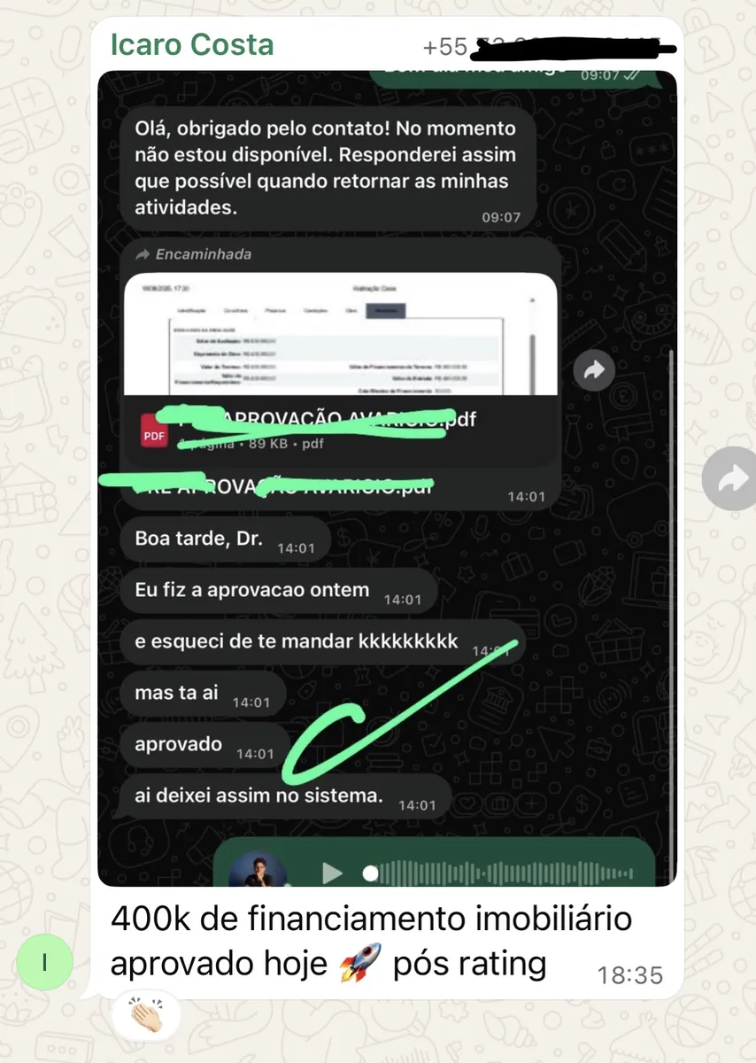 Print de conversa: pré-aprovação de R$ 400 mil em financiamento imobiliário depois do rating.