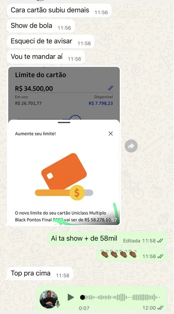 Print de aviso do banco: novo limite do cartão de R$ 58.276,00.