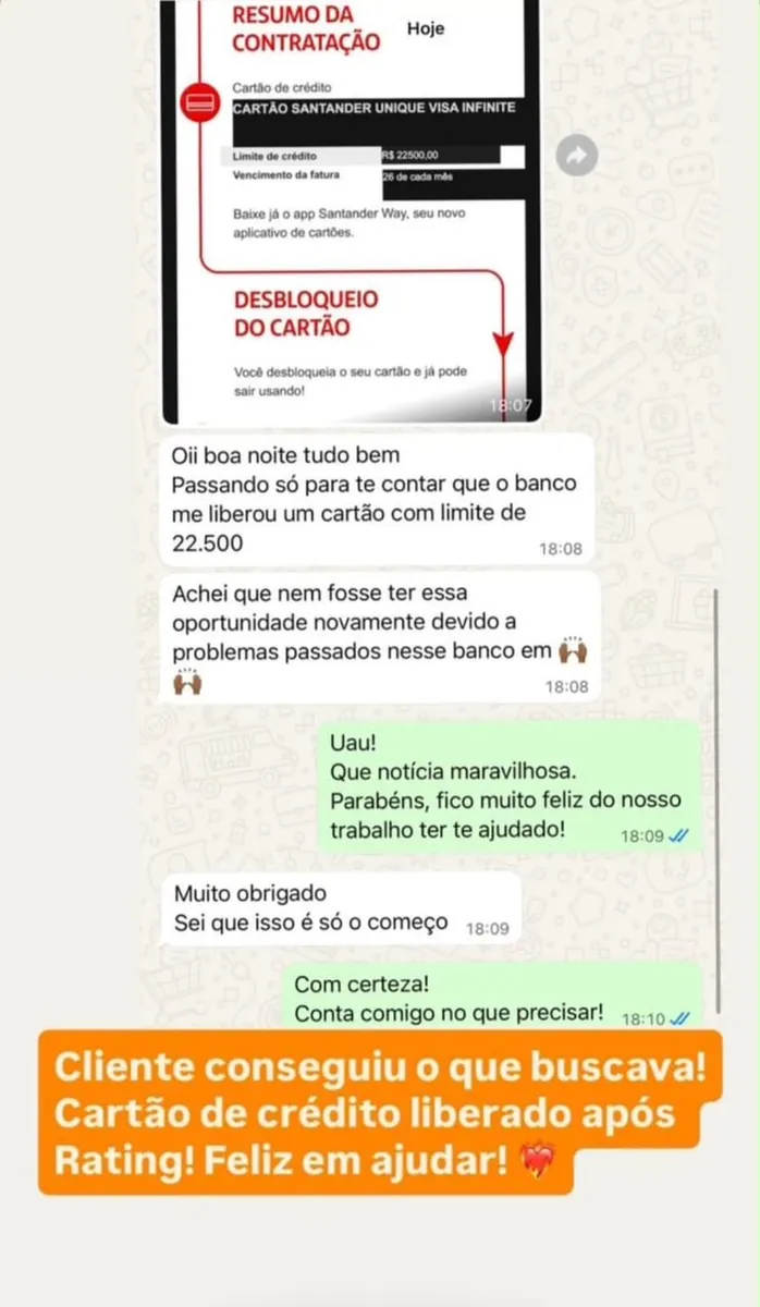 Print de conversa: cartão Visa Infinite com R$ 22.500,00 de limite liberado depois do rating.